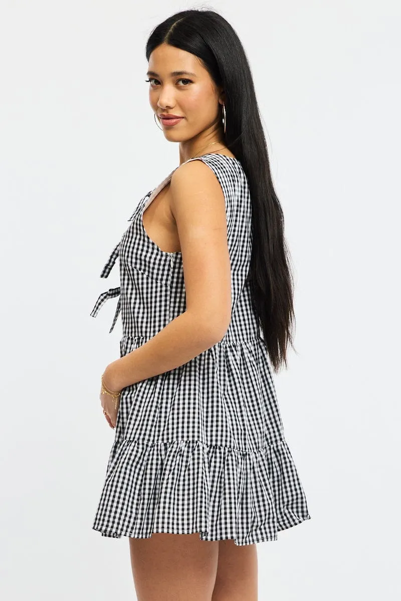 Trendy Print Black Check Mini Dress Ribbon Detail