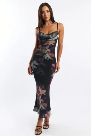 Regal Glow Party Ready Black Floral Bodycon Dress Singlet Cowl Neck Maxi