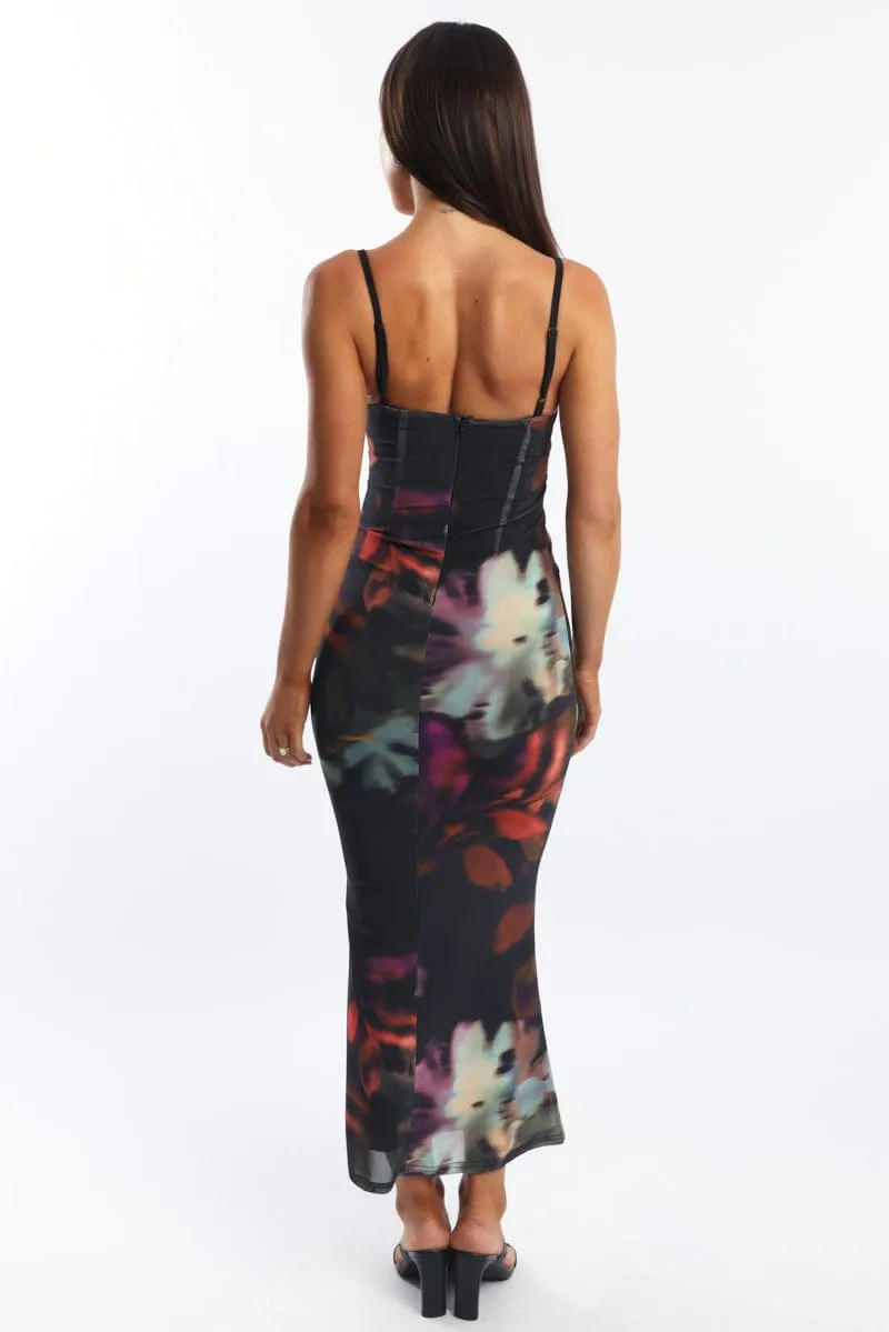 Everyday Look Black Floral Bodycon Dress Singlet Cowl Neck Maxi