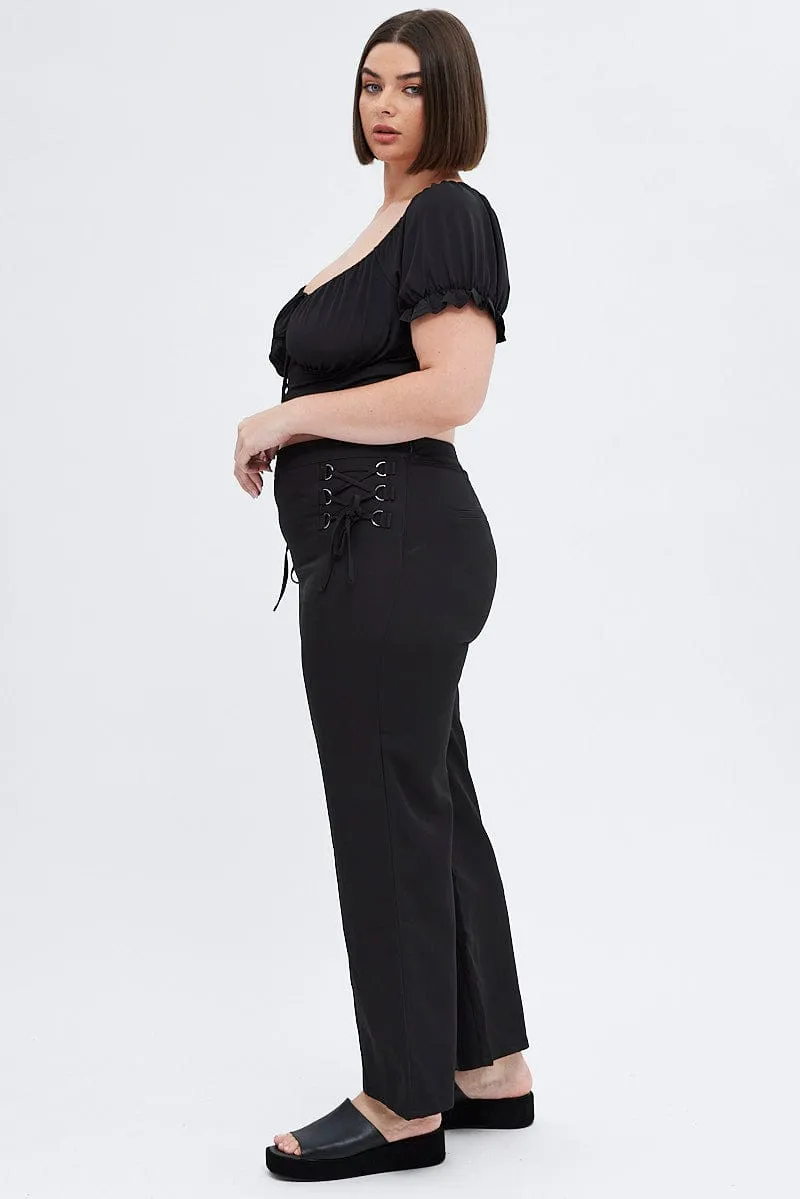 Corduroy texture Sporty Layer Black Wideleg Pants Corset Waist