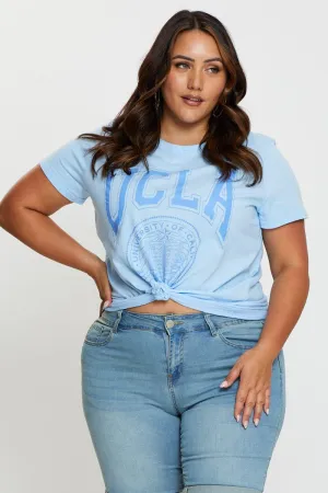 Pale Blue Graphic T-shirt Collegiate Short Sleeve Cotton Perfect Fit Wear
