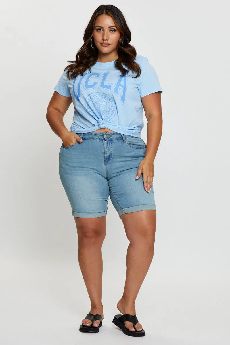 Crew neck classic Pale Blue Graphic T-shirt Collegiate Short Sleeve Cotton