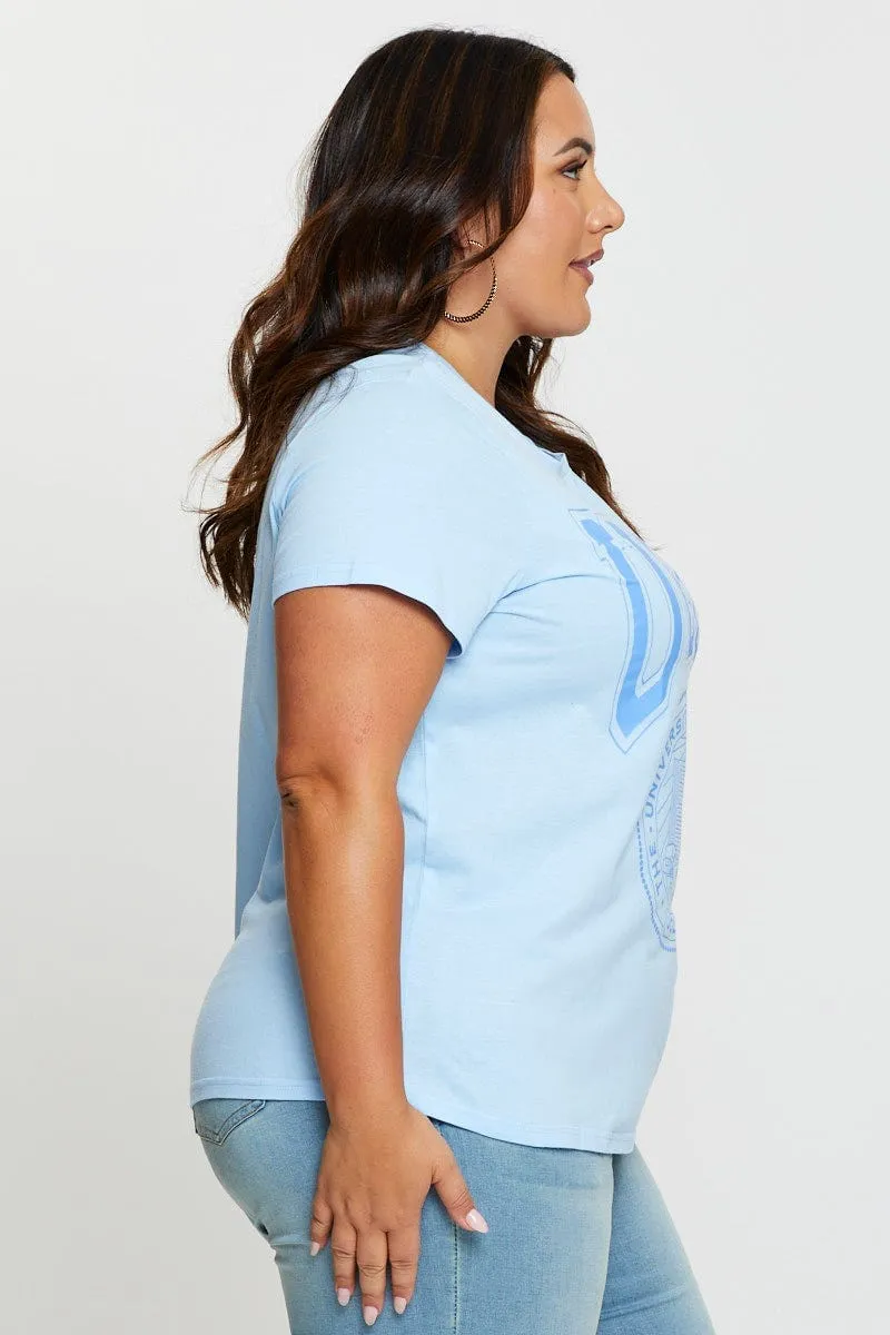 Pale Blue Graphic T-shirt Collegiate Short Sleeve Cotton Heathered Fabric Comfy All-Day