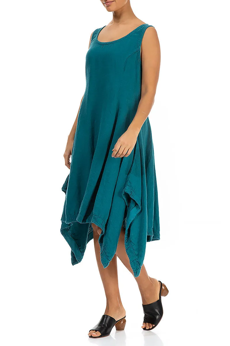 Sleeveless Dropped Edge Teal Linen Dress Trendy Boots PunctureResistant Fabric