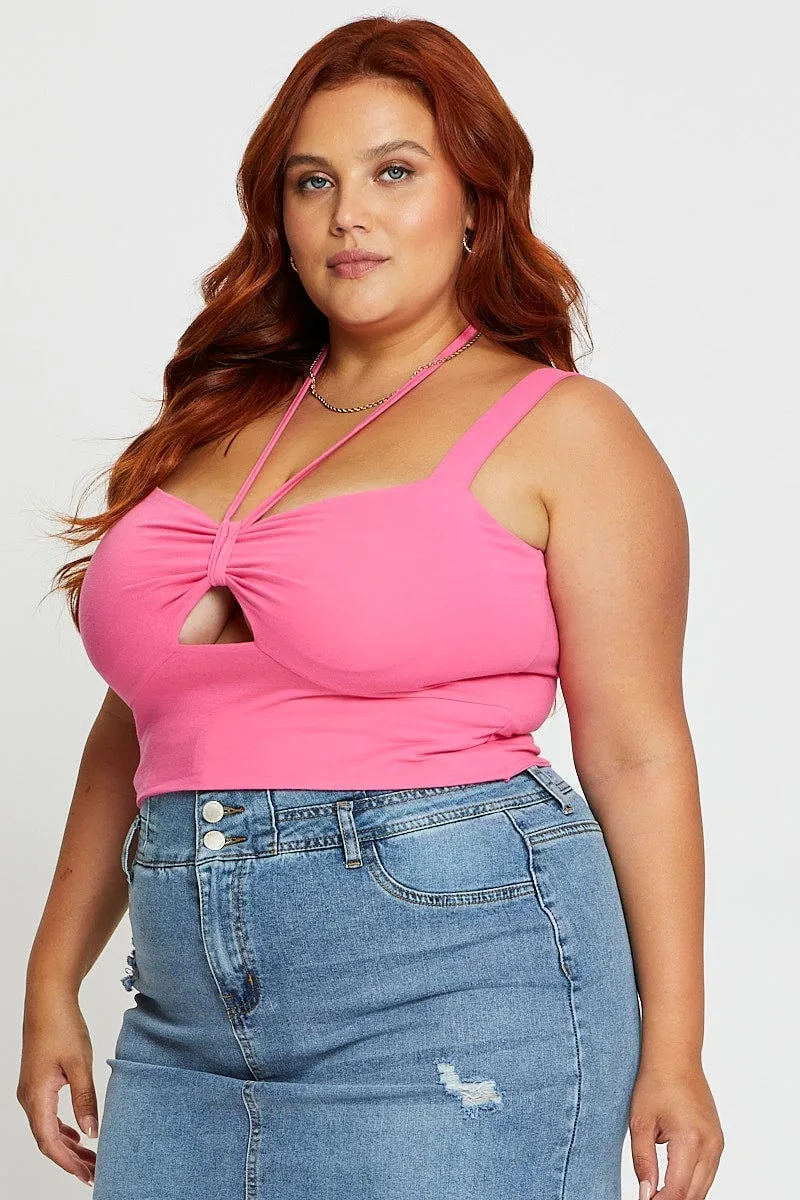 Machine Fit H Pink Tank Top Keyhole Halter Detail Sleeveless Cotton