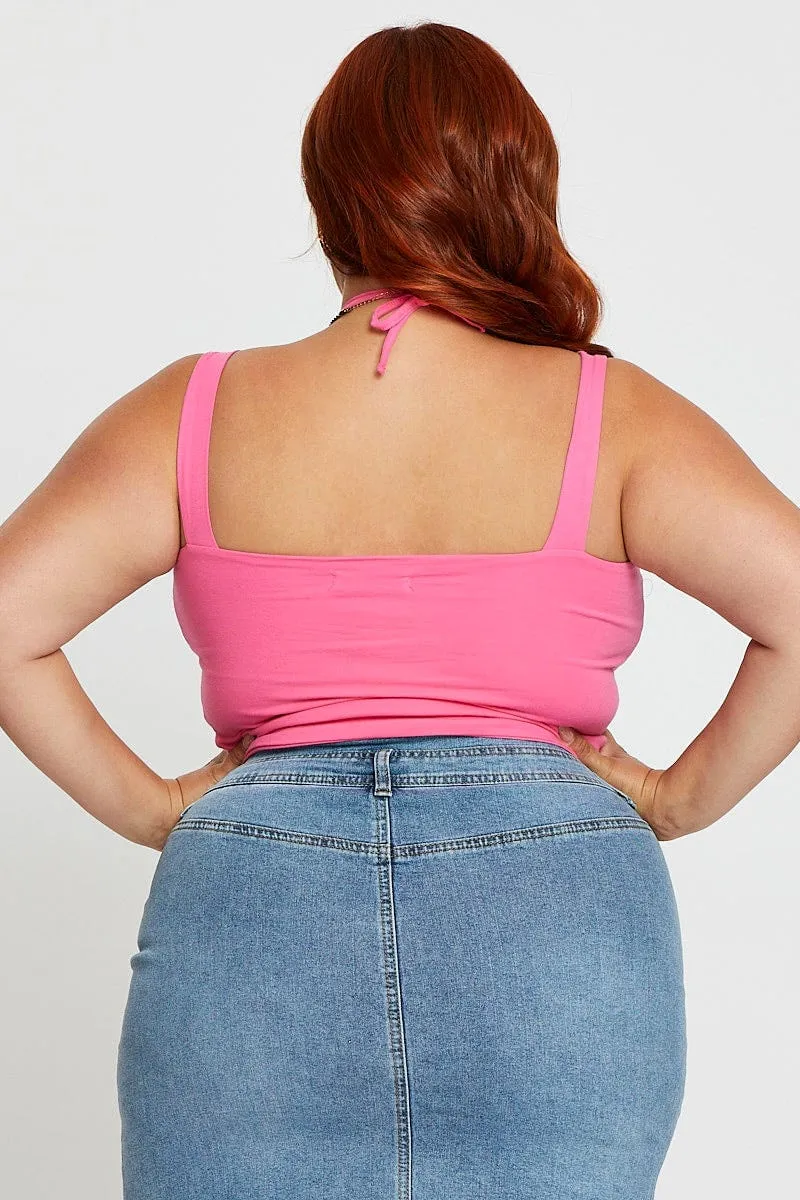 Stylish Jumper H Pink Tank Top Keyhole Halter Detail Sleeveless Cotton