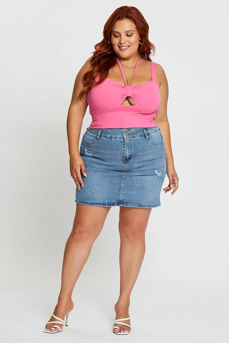 H Pink Tank Top Keyhole Halter Detail Sleeveless Cotton Icon Glow ReinforcedHems