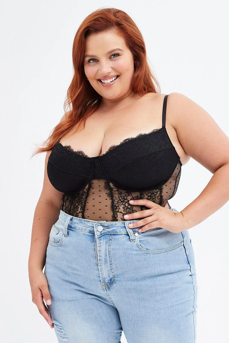 Organic Ease Light Core Black Lace Bodysuit Sleeveless Panel Detail