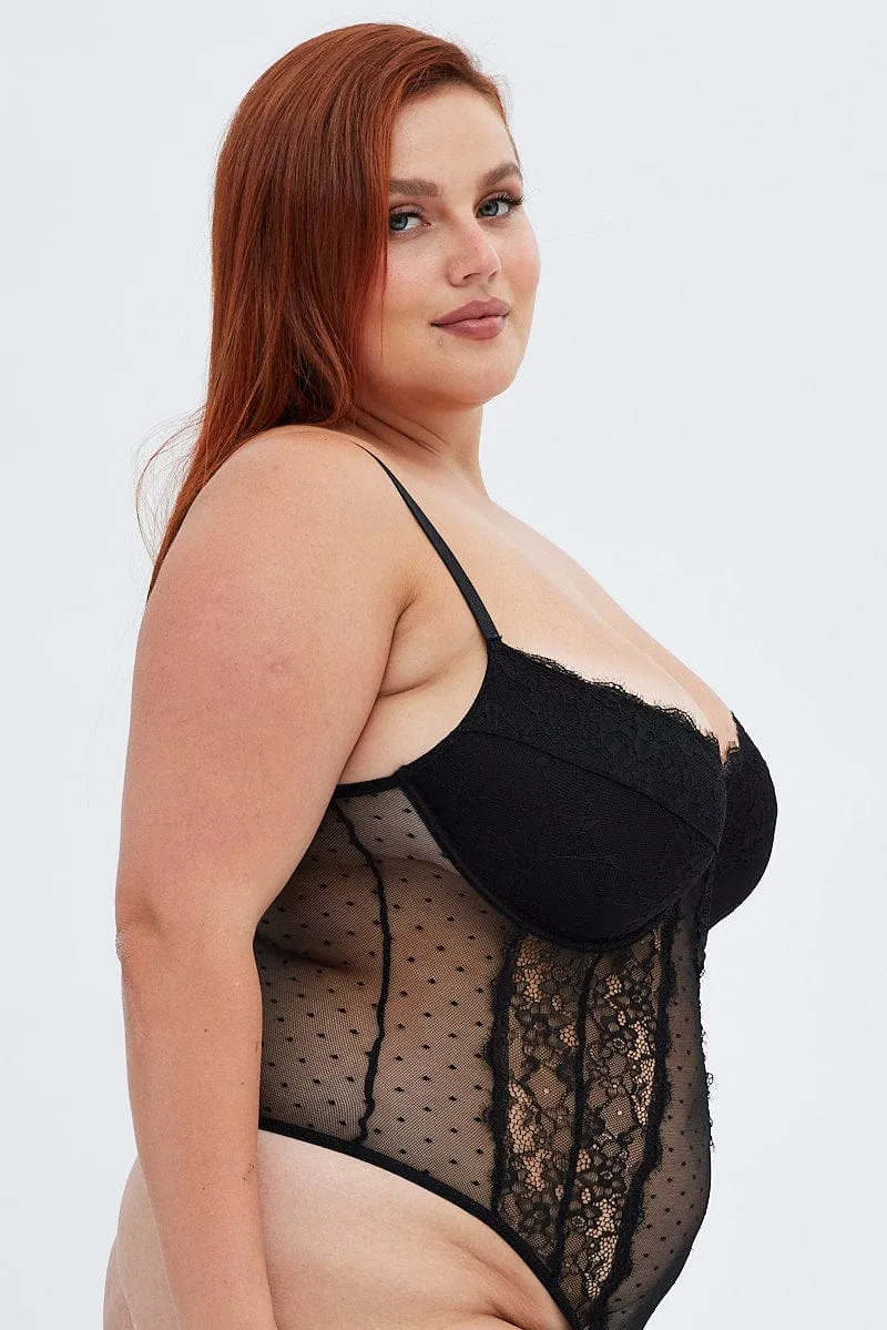 Trans Glow Hero Mode Black Lace Bodysuit Sleeveless Panel Detail