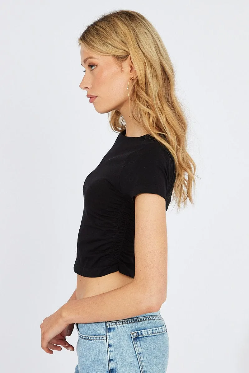 Black T-Shirt Short Sleeve Crew Neck Ruched Seamless Beach Ready Light Jacket