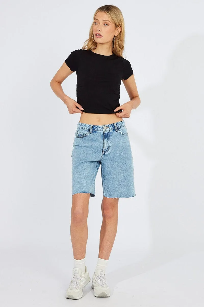 Timeless Fashion Comfy Fashion Black T-Shirt Short Sleeve Crew Neck Ruched Seamless