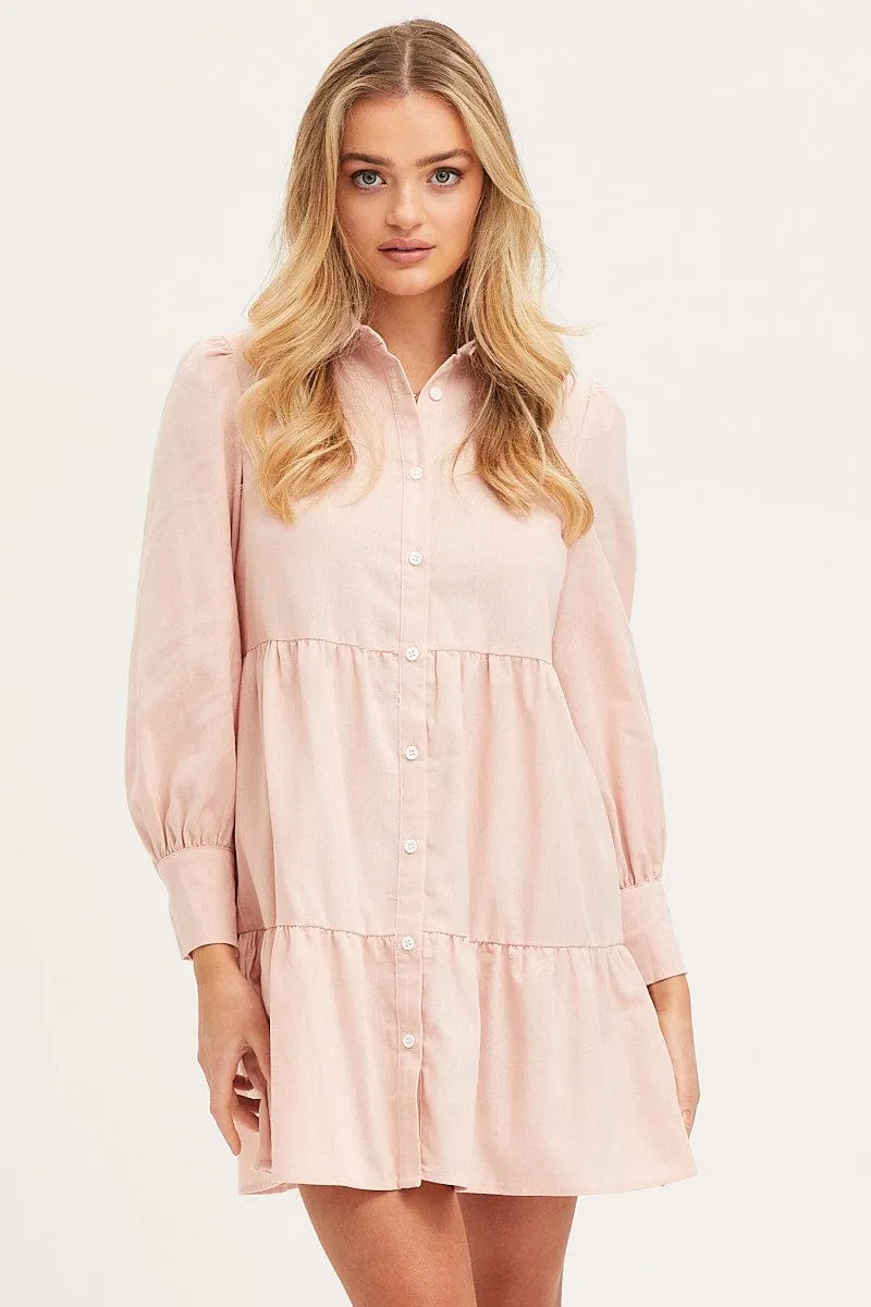 Pink Shirt Dress Long Sleeve Button Front Breathable Material