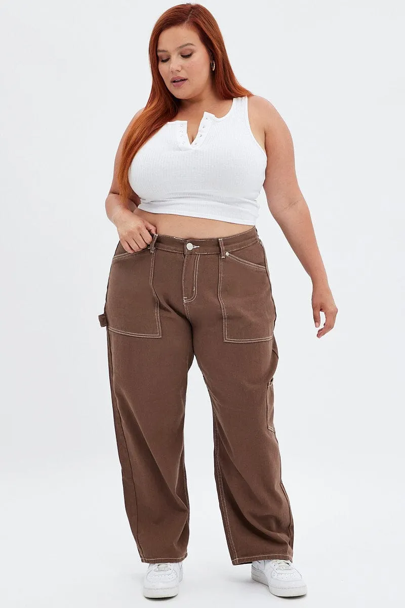 Clean Fit Subtle Texture Brown Cargo Denim Jeans High Rise