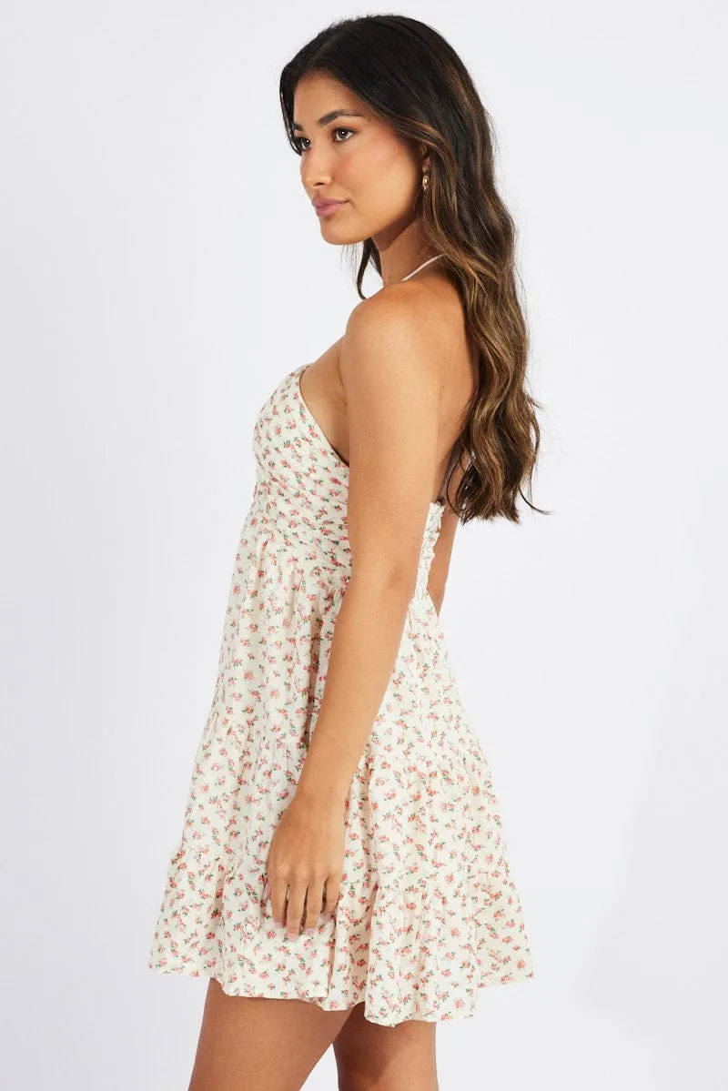 Beige Floral Fit And Flare Dress Mini Mini dress with bold colors Scene Mood