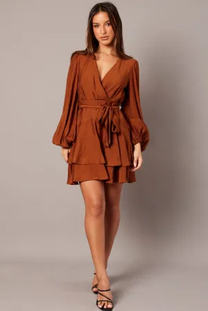 Flatlock stitching Soft Motion Brown Wrap Dress Mocha Satin Balloon Sleeve Dress