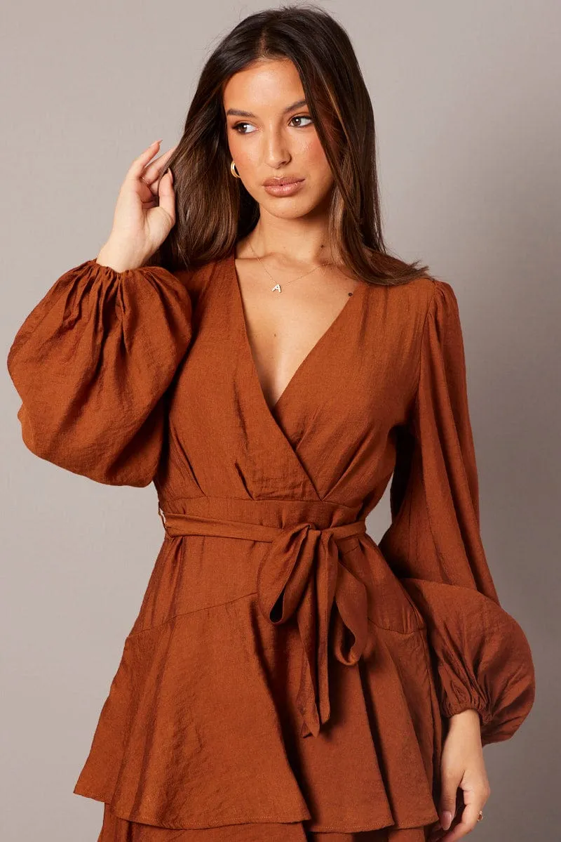 Heavy Silk Pure Fit Brown Wrap Dress Mocha Satin Balloon Sleeve Dress