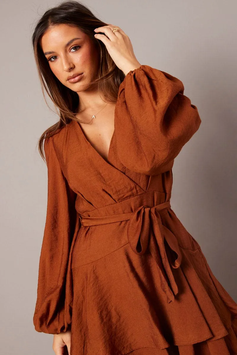Brown Wrap Dress Mocha Satin Balloon Sleeve Dress AI Style