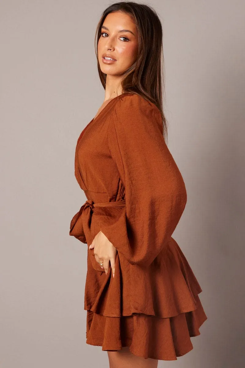 Moon Cool Brown Wrap Dress Mocha Satin Balloon Sleeve Dress