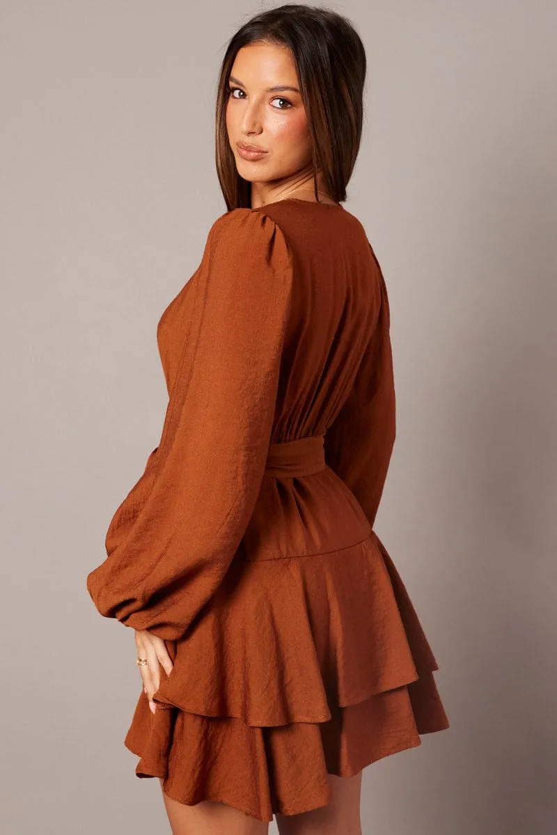 Brown Wrap Dress Mocha Satin Balloon Sleeve Dress Strong Glow Student Cool