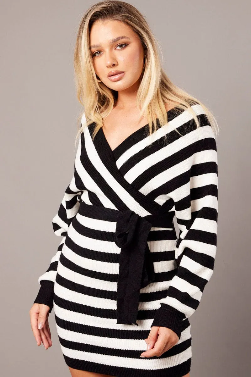 White Stripe Wrap Neck Knit Bodycon Dress Vital Core