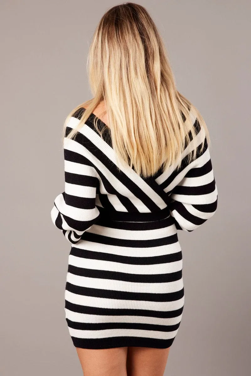 Winter Fashion Trendy Top White Stripe Wrap Neck Knit Bodycon Dress