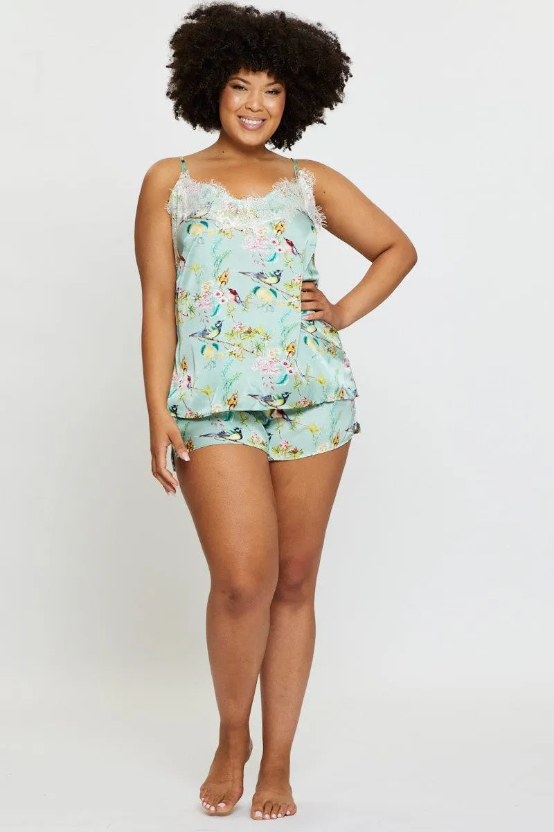 EcoDyeProcess Run Glow Floral Satin Lace Cami Pj Pyjama Set