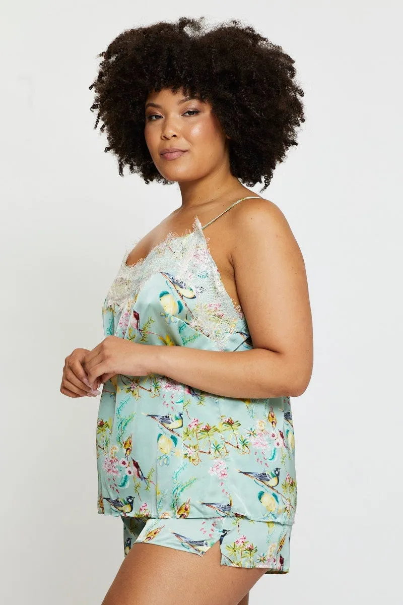 Floral Satin Lace Cami Pj Pyjama Set Business Outfit Street Style