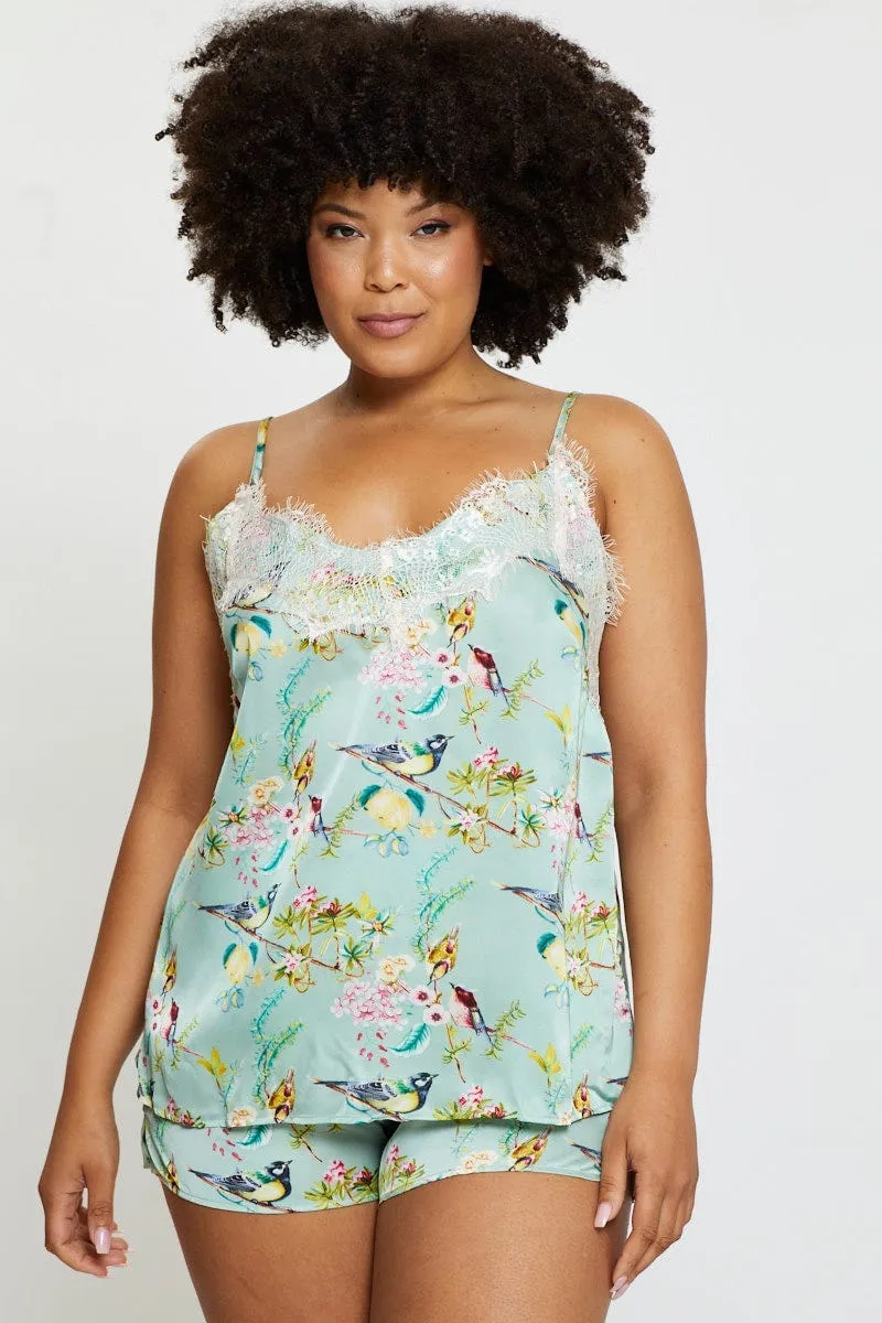 Floral Satin Lace Cami Pj Pyjama Set Business Wear Beach Ready
