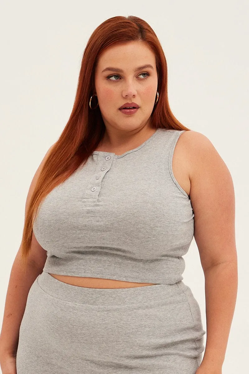 Everyday Style Grey Crop Top Sleeveless Button Up Rib Jersey