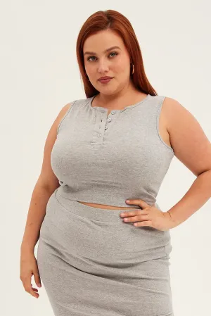 Soft Lining Grey Crop Top Sleeveless Button Up Rib Jersey