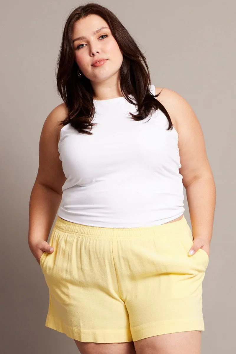 Yellow Elastic Waist Lined Linen Blend Shorts Vented Panels