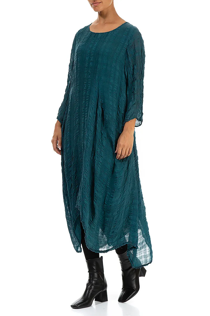 Flowy Teal Textured Silk Dress Trendy Cut