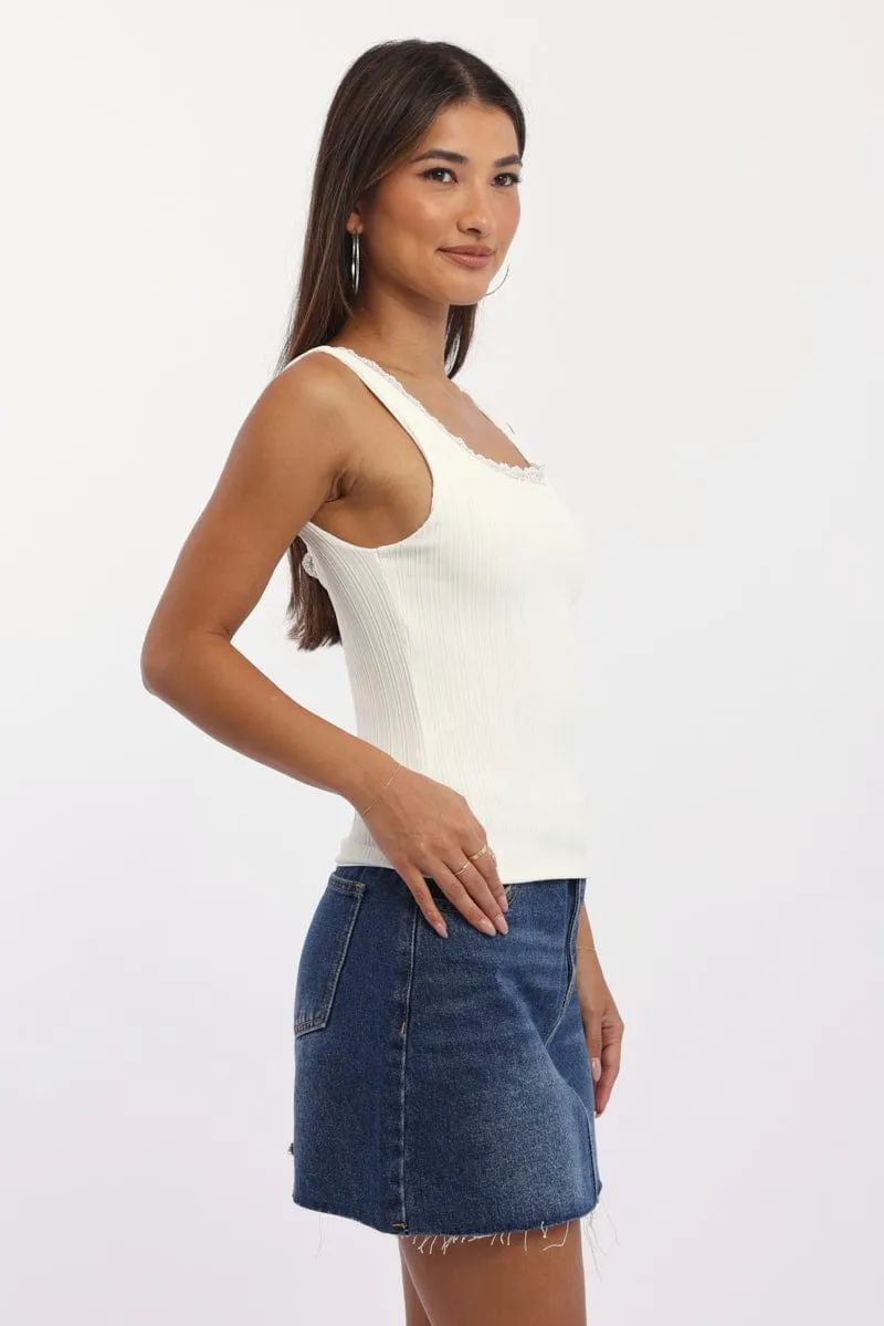 ElasticBinding White Tank Top Sleeveless Lace Trim