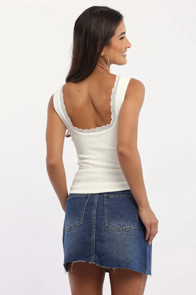 Opaque Tone Clean Cut White Tank Top Sleeveless Lace Trim