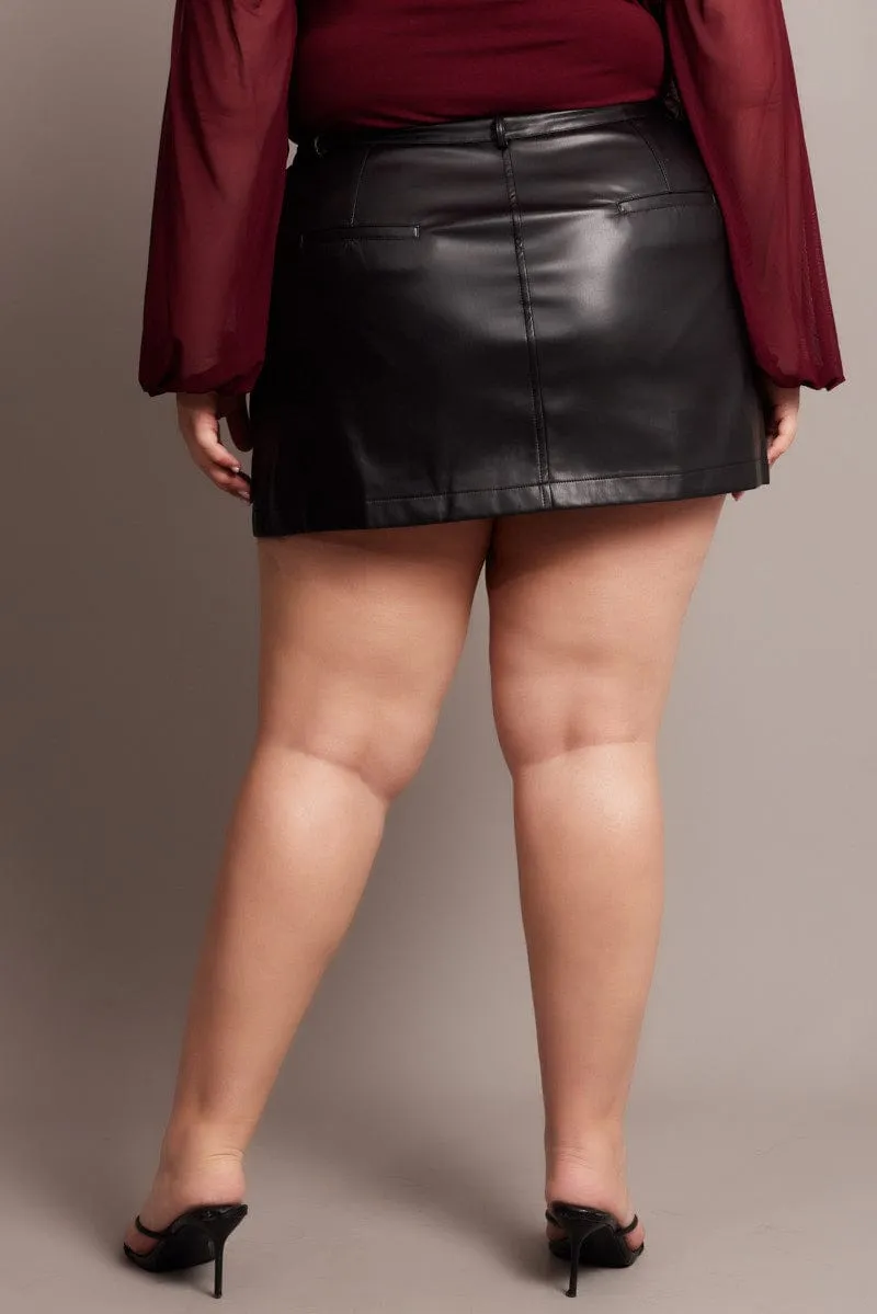 Soft Movement Black Faux Leather A-line Mini Skirt