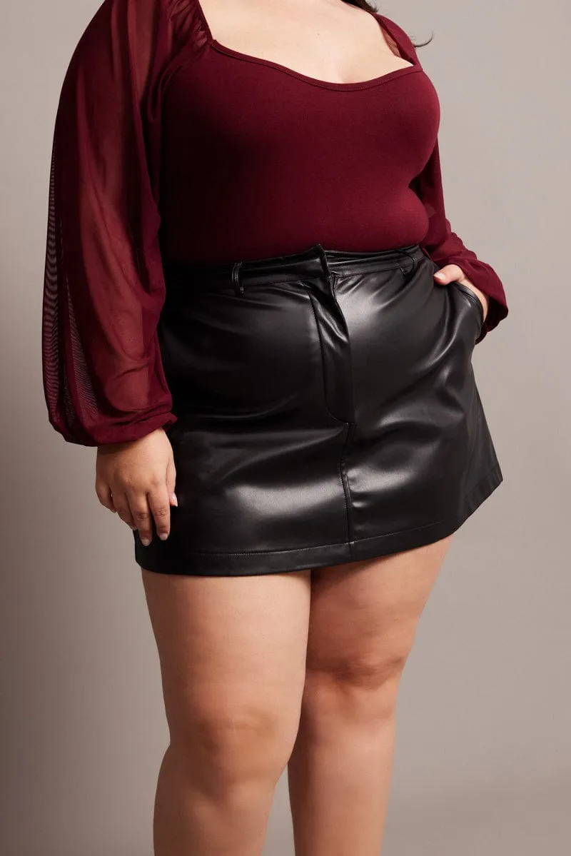 Black Faux Leather A-line Mini Skirt Stretch Material Mix Separates