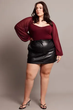 Earth Tones Black Faux Leather A-line Mini Skirt