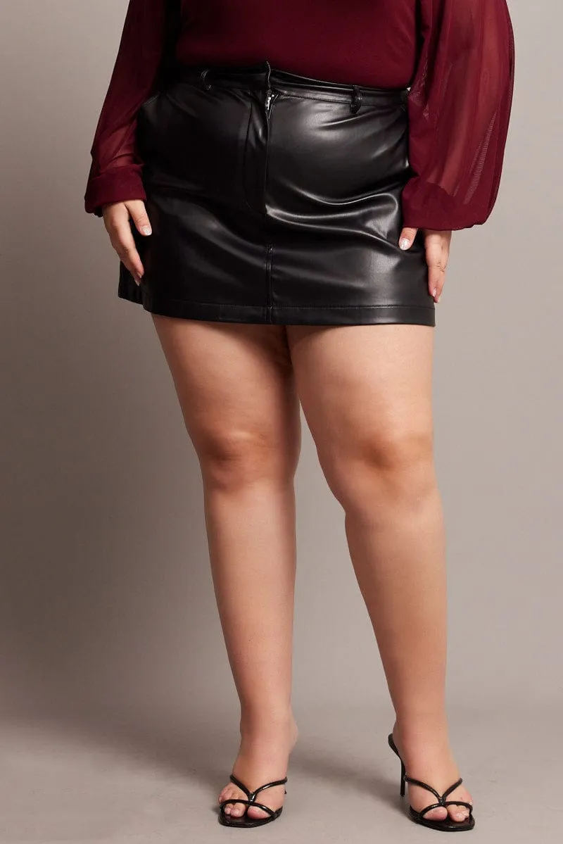 Black Faux Leather A-line Mini Skirt Modern Chic