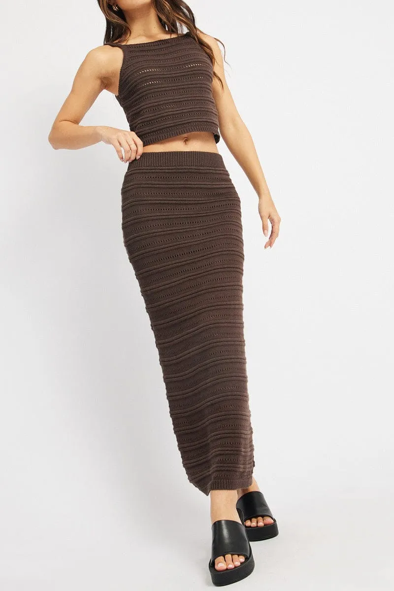 Brown Crochet Skirt High Rise Elastic Waistband Midi Tie Dye Style Outdoor Gathering