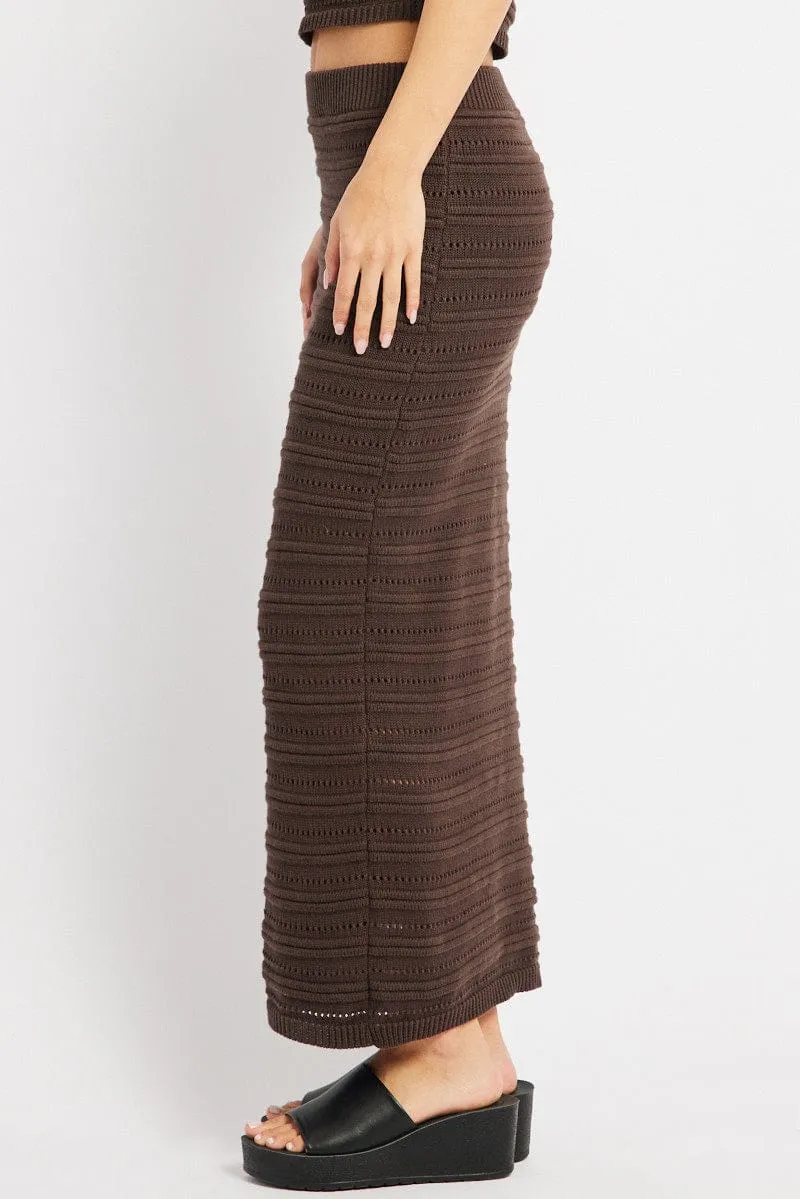 Brown Crochet Skirt High Rise Elastic Waistband Midi Fresh Texture Metallic Finish