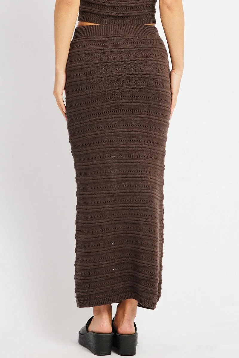 Brown Crochet Skirt High Rise Elastic Waistband Midi Tonal Layering Exclusive Drop