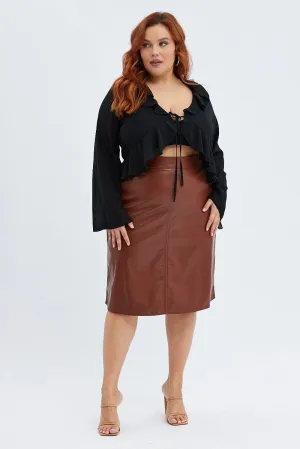 Brown Midi Skirt Faux Leather Flare Creative Fashion Natural Look