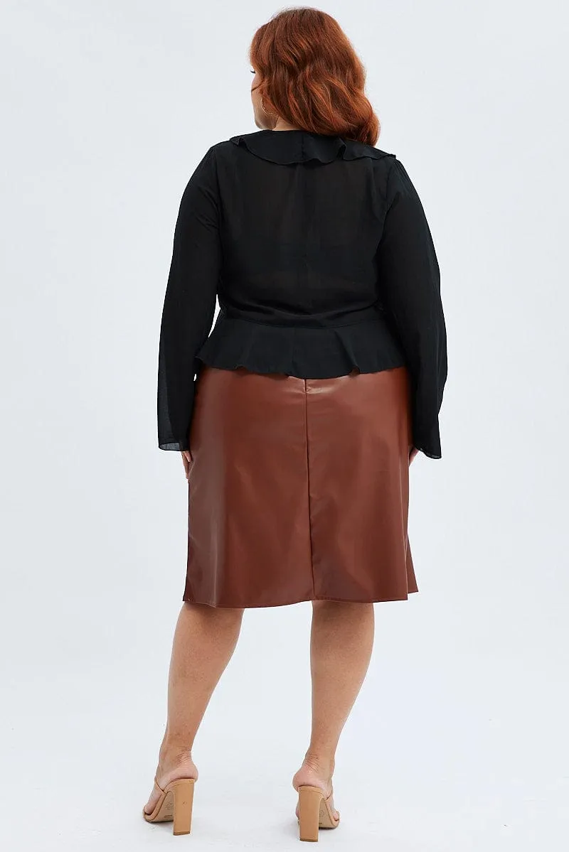 Brown Midi Skirt Faux Leather Flare Sequined Finish