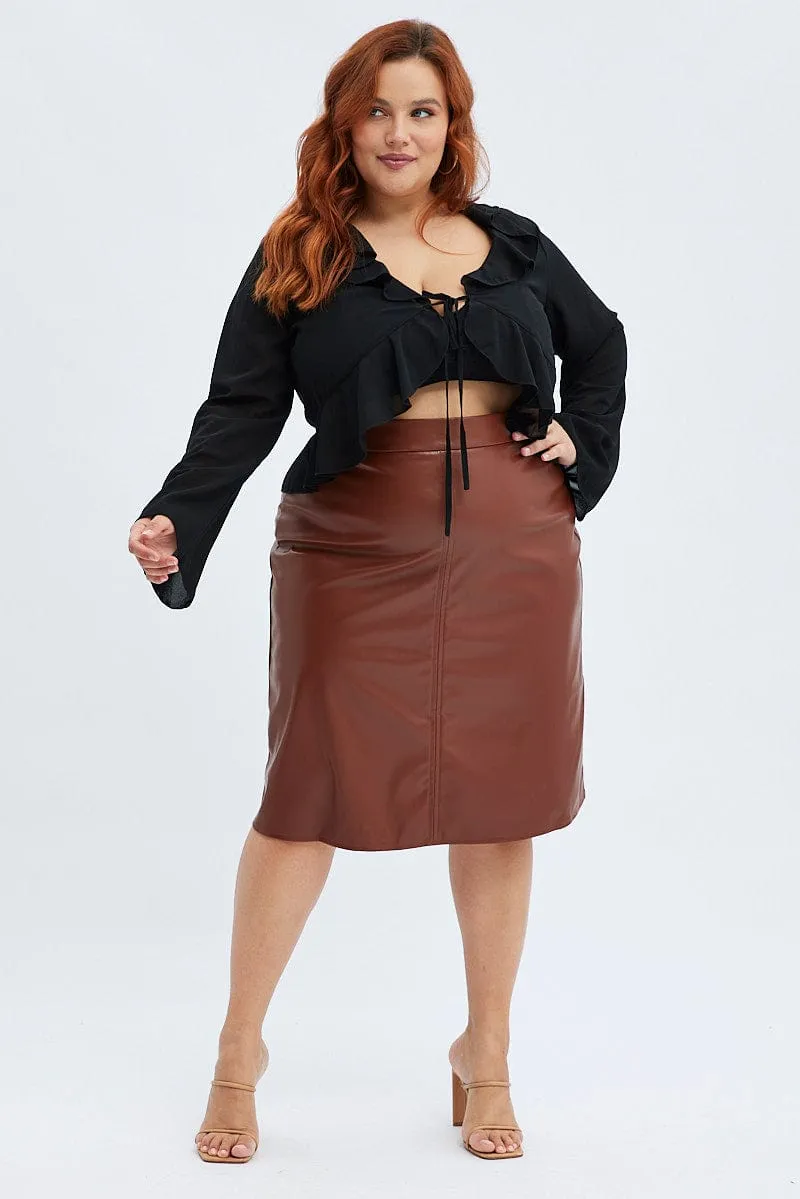 Fashion Detail Brown Midi Skirt Faux Leather Flare