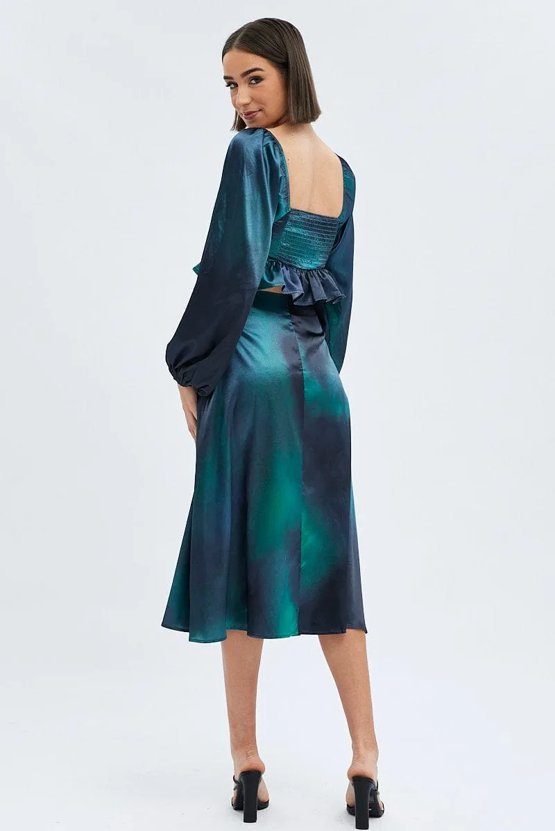 Green Print Midi Skirt High Waisted A-line Panelled Satin Local Artisan