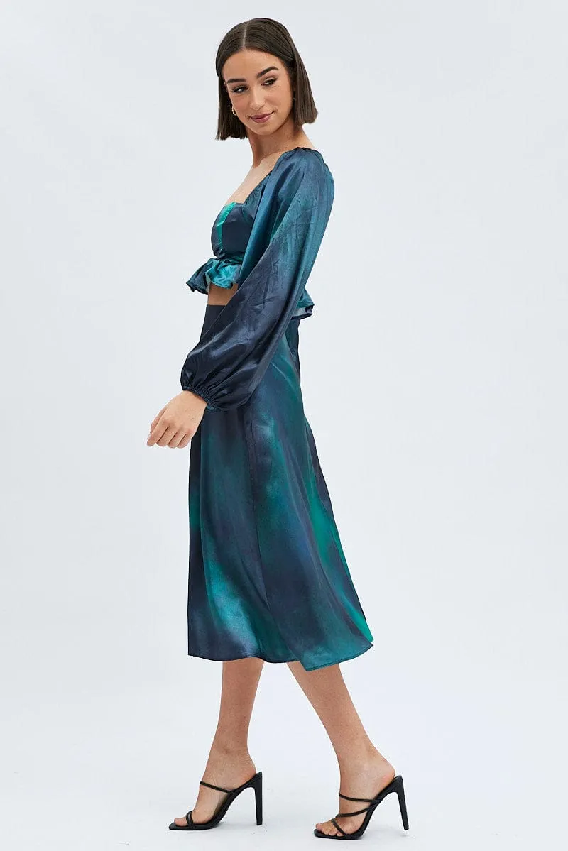 Romantic Vibe Green Print Midi Skirt High Waisted A-line Panelled Satin