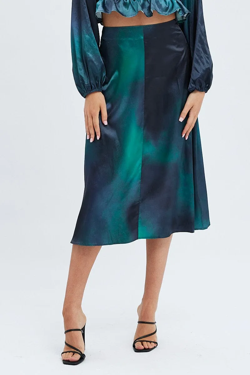 Full Circle Smart Design Green Print Midi Skirt High Waisted A-line Panelled Satin
