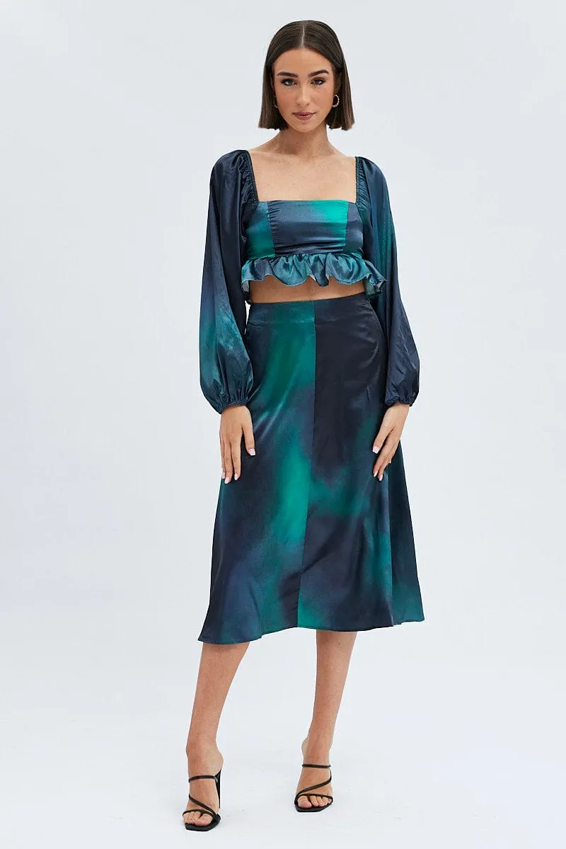 Relaxed Motion Green Print Midi Skirt High Waisted A-line Panelled Satin