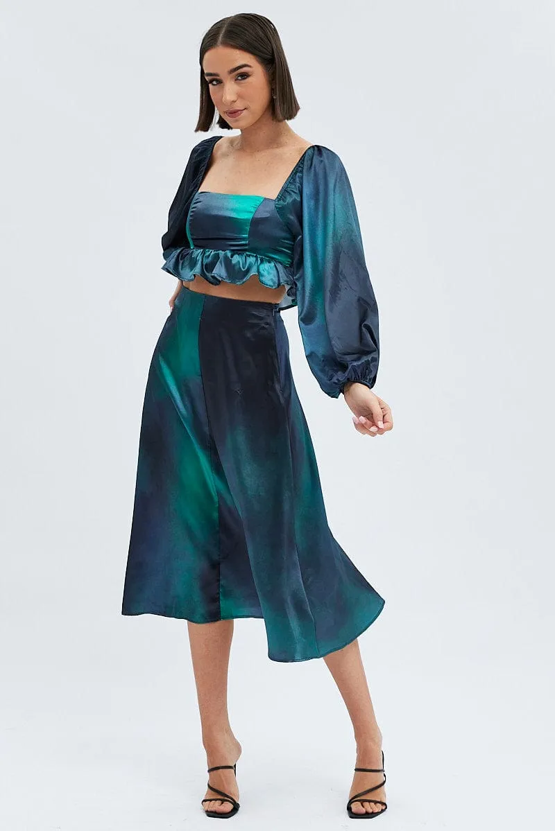 Layered Design Timeless Outfit Green Print Midi Skirt High Waisted A-line Panelled Satin