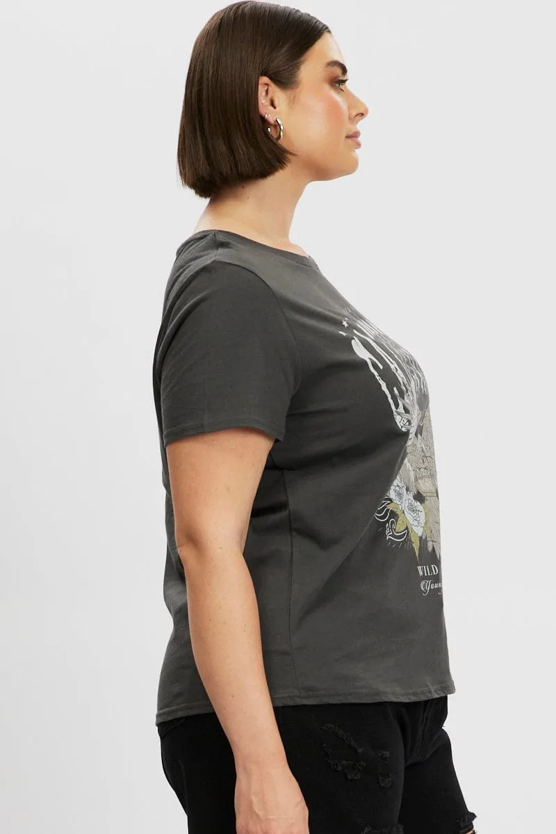 Durable Stitching Grey Graphic T Shirt Short Sleeve Crew Neck